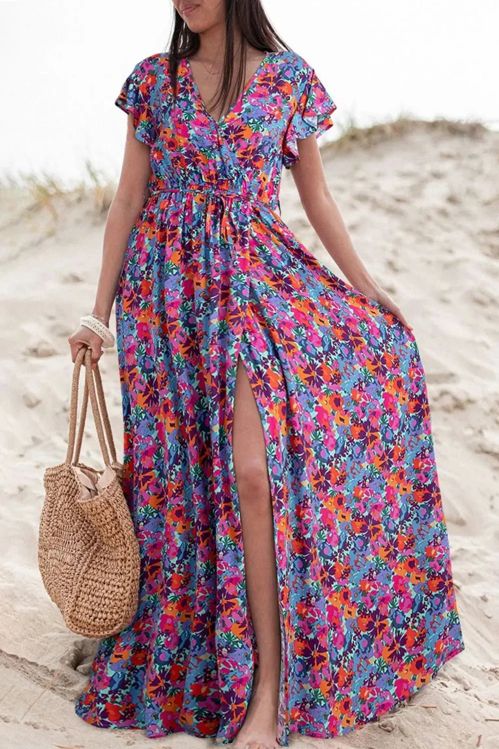 Slit Printed Cap Sleeve Maxi Dress - VILLA FASHION